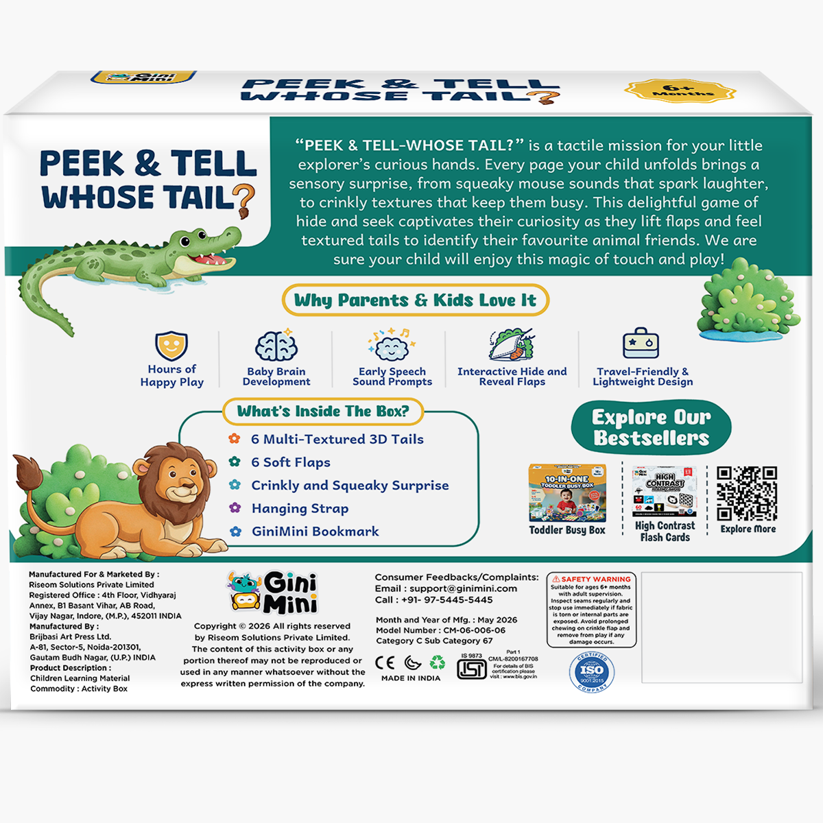 GiniMini Peek & Tell – Whose Tail? | Sensory Cloth Book for Babies | Interactive Lift-the-Flap Book with Textured Tails | Screen-Free Learning Toy | Age 6+ Months