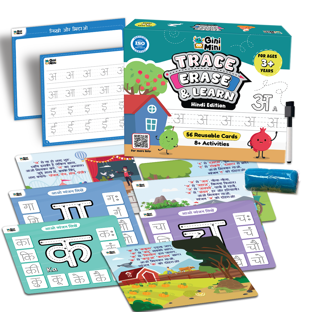 GiniMini Trace, Erase & Learn – Hindi Edition | 56 Rewritable for Ages 3+ | Learn Swars & Vyanjans | Pre-Writing Hindi Activity Kit with Marker, Play-Doh & Rhymes
