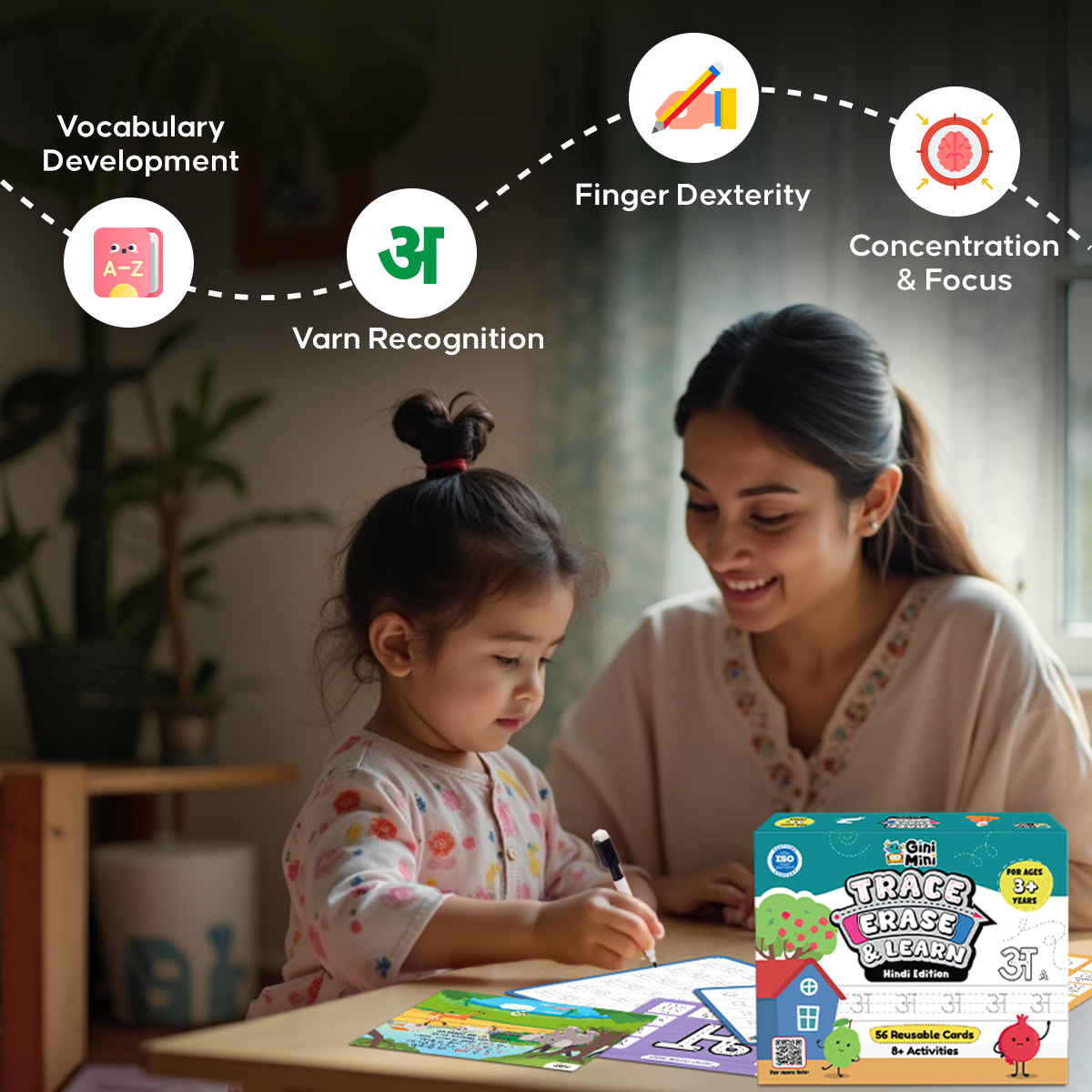 GiniMini Trace, Erase & Learn – Hindi Edition | 56 Rewritable for Ages 3+ | Learn Swars & Vyanjans | Pre-Writing Hindi Activity Kit with Marker, Play-Doh & Rhymes