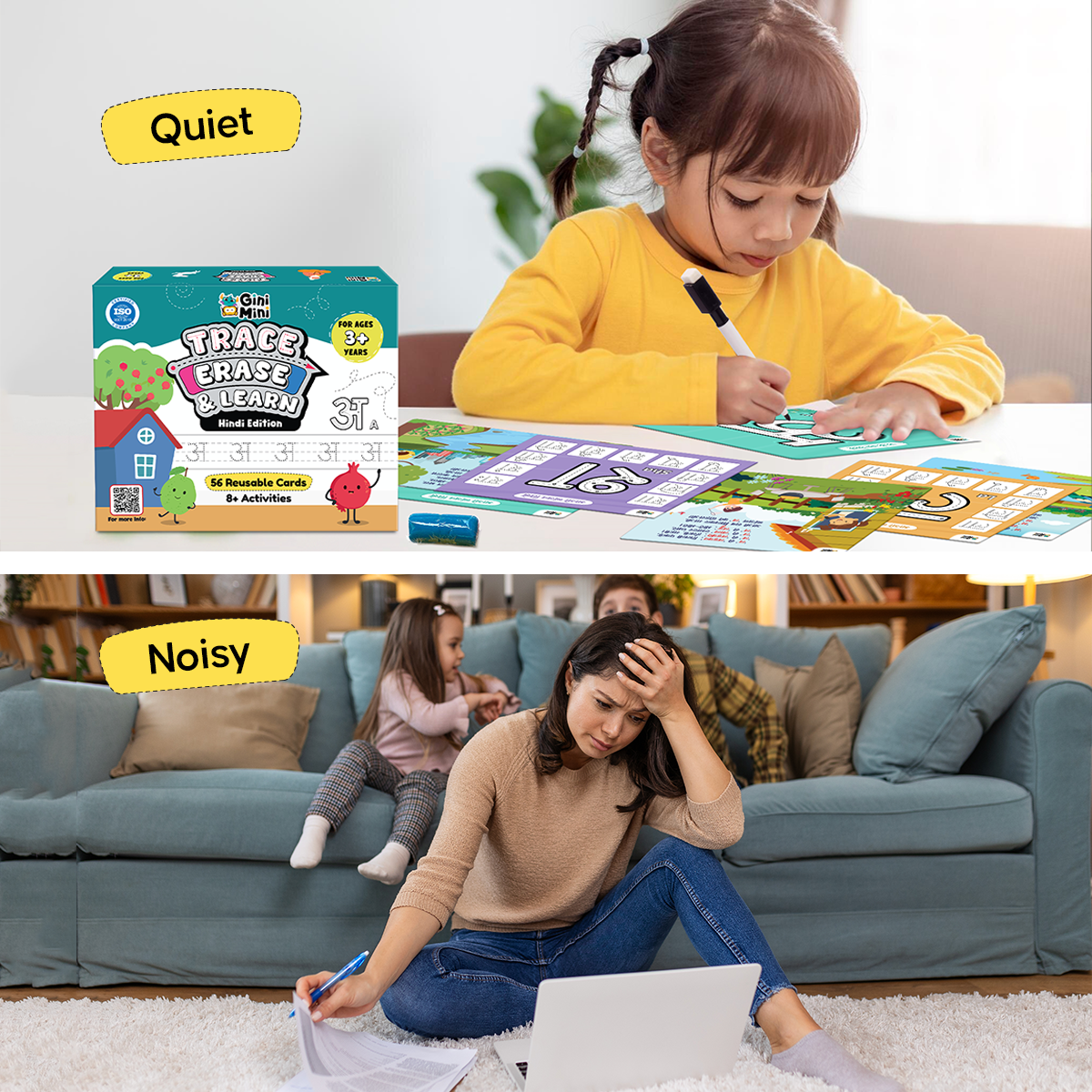 GiniMini Trace, Erase & Learn – Hindi Edition | 56 Rewritable for Ages 3+ | Learn Swars & Vyanjans | Pre-Writing Hindi Activity Kit with Marker, Play-Doh & Rhymes