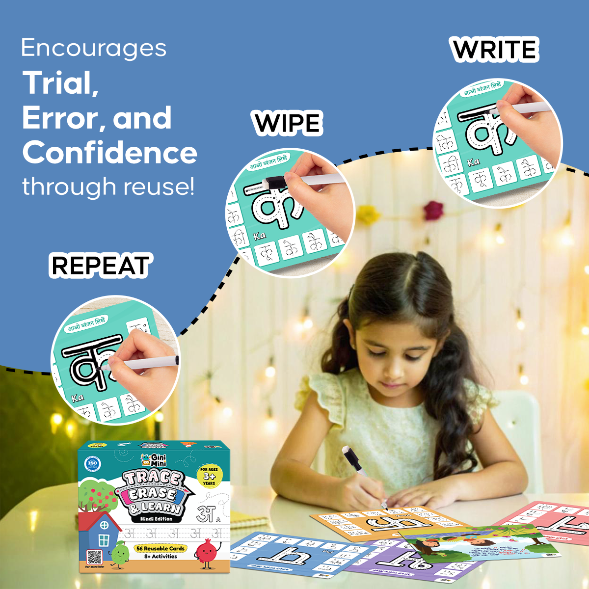 GiniMini Trace, Erase & Learn – Hindi Edition | 56 Rewritable for Ages 3+ | Learn Swars & Vyanjans | Pre-Writing Hindi Activity Kit with Marker, Play-Doh & Rhymes