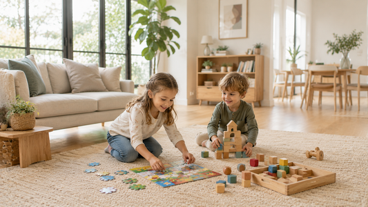 **SEO-friendly alt text:** `Screen-free activities for kids at home with children playing puzzles and building blocks`