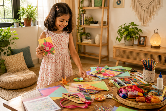 Indian girl making a handmade Raksha Bandhan craft with colourful art and DIY materials at home