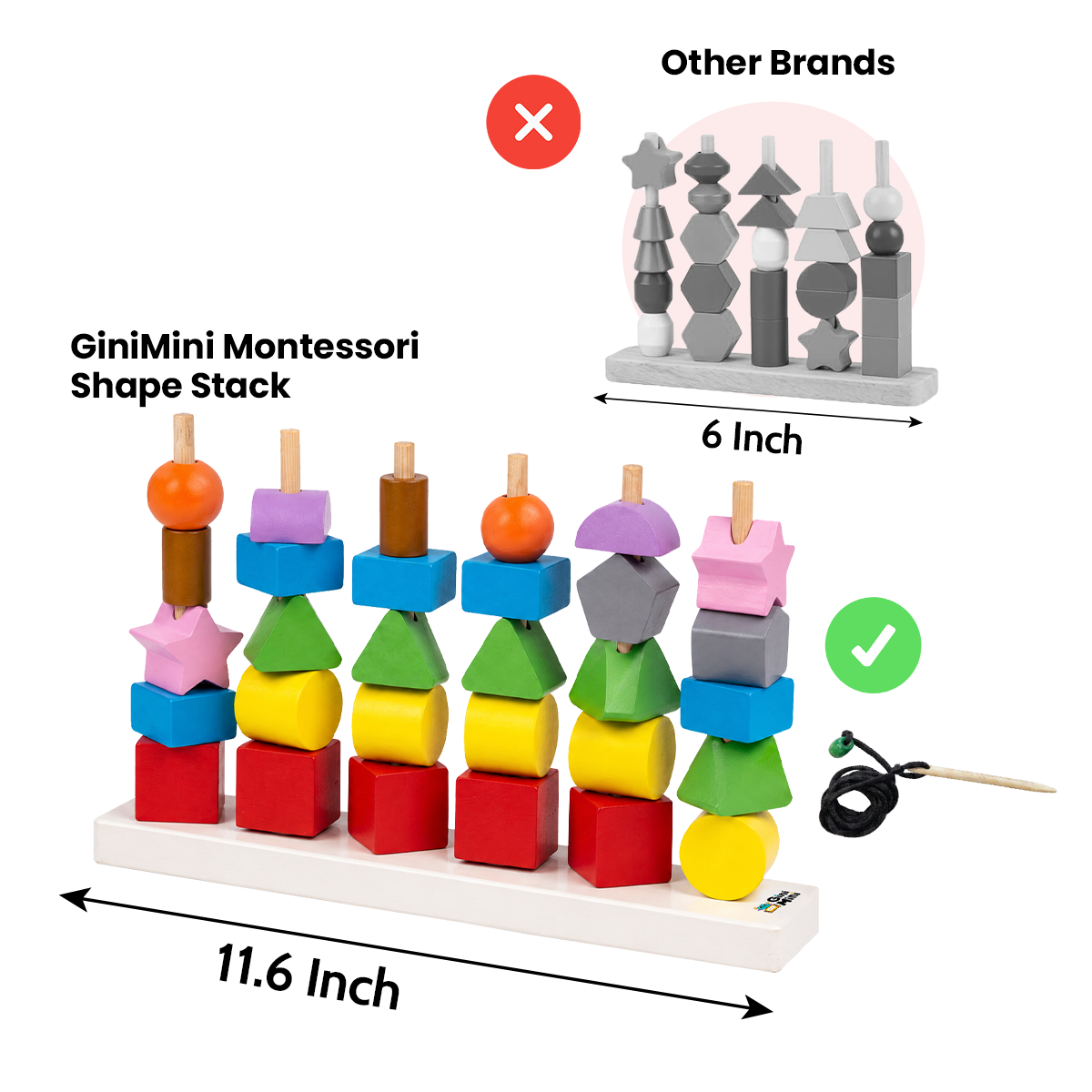 GiniMini Montessori Shape Stack – 6-in-1 STEM Wooden Learning Toy with 30 Geometric Blocks, Lacing Cord & 30 Activity Cards | Stacking, Counting, Pattern & Memory Games for Kids Age 2+ Years