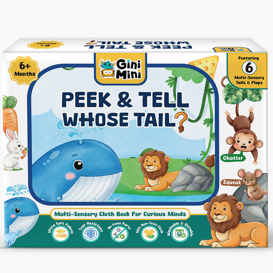 GiniMini Peek & Tell – Whose Tail? | Sensory Cloth Book for Babies | Interactive Lift-the-Flap Book with Textured Tails | Screen-Free Learning Toy | Age 6+ Months
