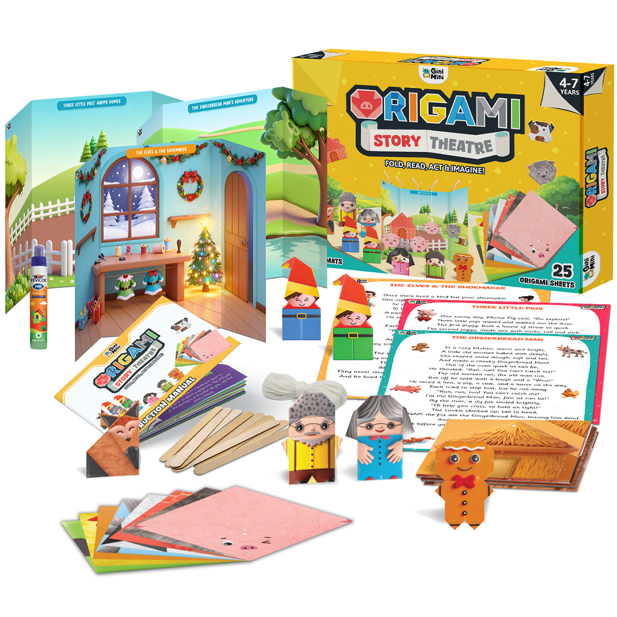 GiniMini Origami Story Theatre – DIY Origami Puppet Storytelling Kit for Kids | Screen-Free Creative Learning Toy | Age 4+ Years
