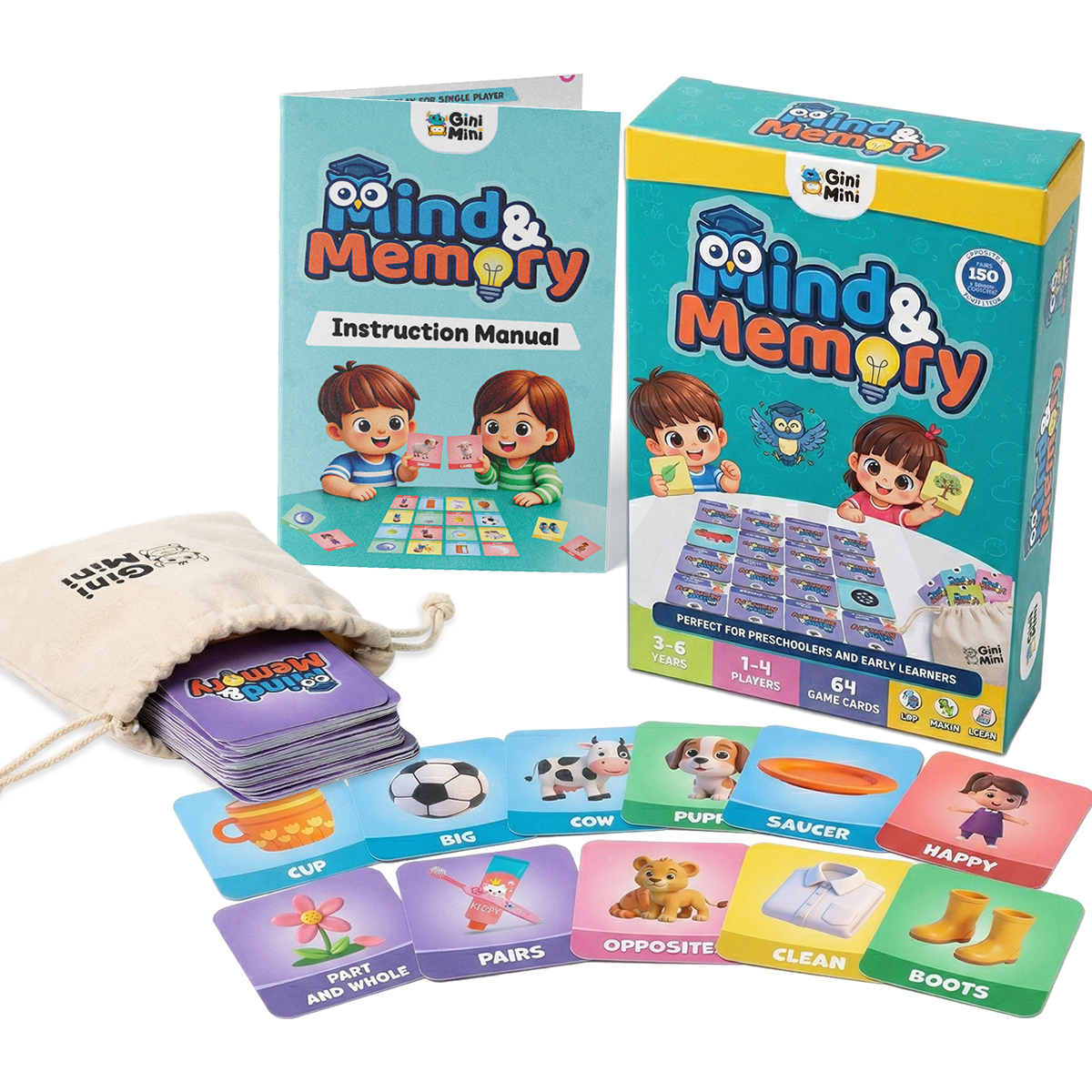 GiniMini Mind & Memory Card Game – Concept-Based Matching Game for Kids | 64 Cards (32 Pairs) | Improves Memory, Focus & Vocabulary | Age 3–6 Years