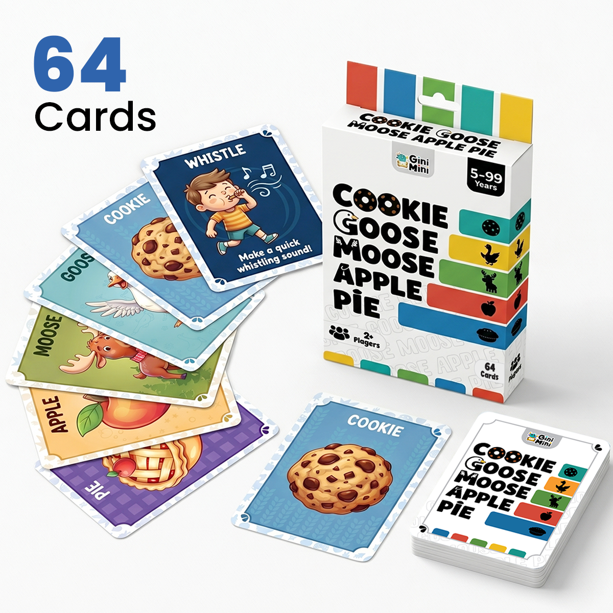 GiniMini Cookie Goose Moose Apple Pie – Fast-Paced Card Game for Kids & Families | Memory, Reflex & Word Game | Screen-Free Family Party Game | 2-6 Players | Age 5+ | 64 Cards