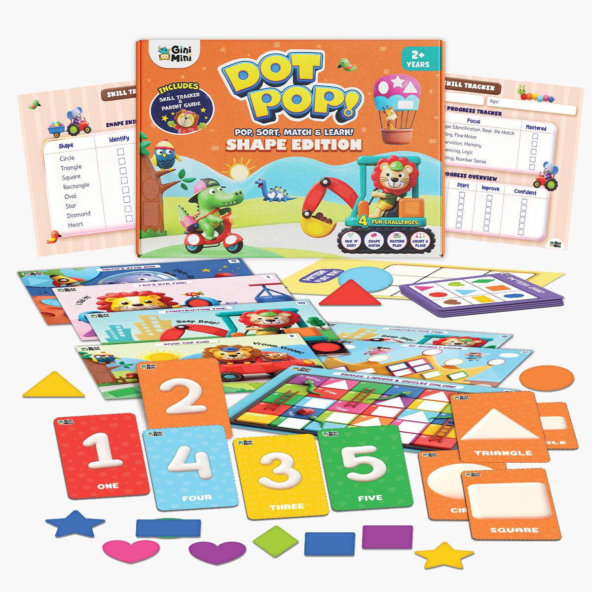 GiniMini – DOT POP! Shapes Activity Kit for Kids Aged 2 to 5 Years | Fun Shape Sorting, Matching & Pattern Games | Mess-Free, Reusable, Screen-Free Play | Early Learning & Motor Skills Development