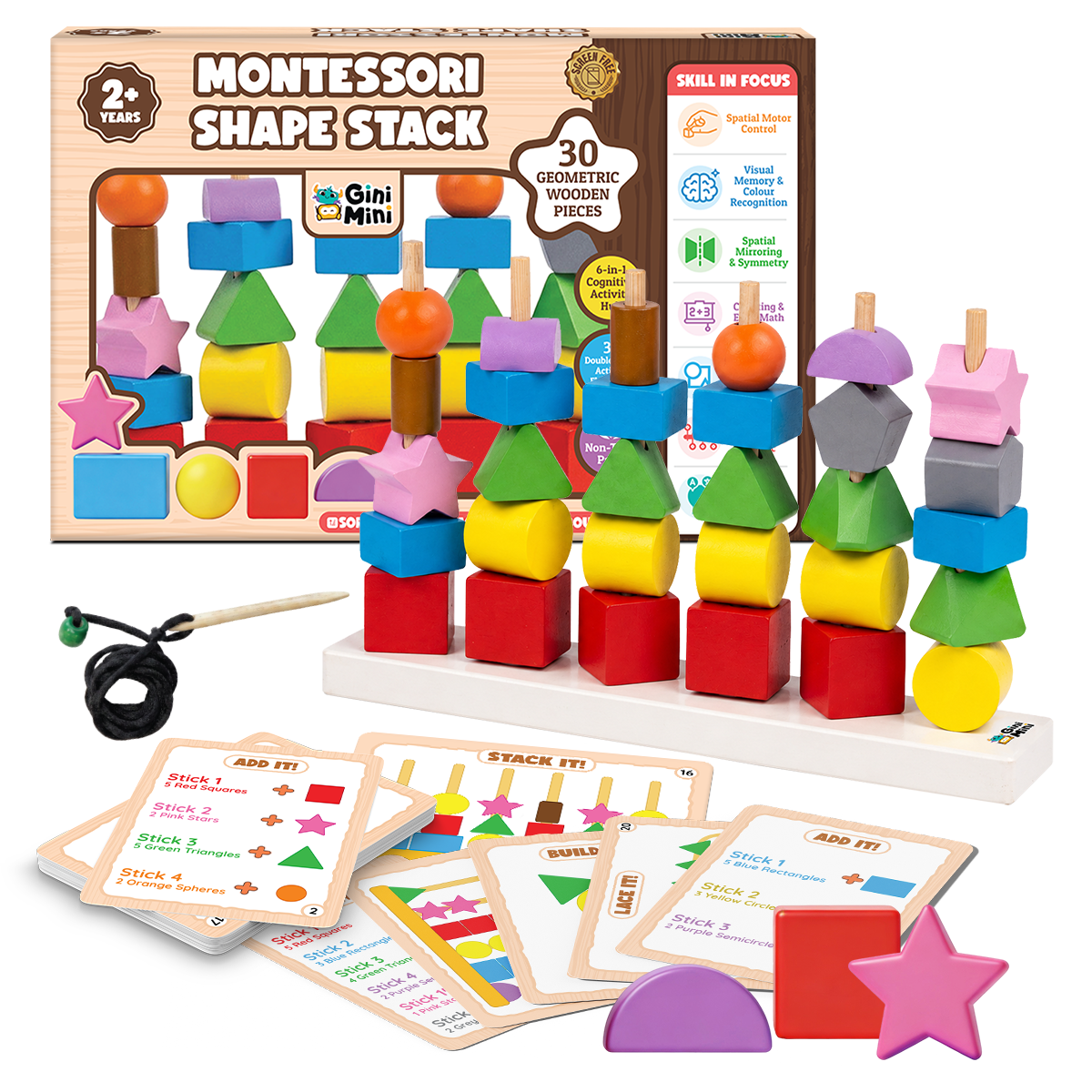 GiniMini Montessori Shape Stack – 6-in-1 STEM Wooden Learning Toy with 30 Geometric Blocks, Lacing Cord & 30 Activity Cards | Stacking, Counting, Pattern & Memory Games for Kids Age 2+ Years
