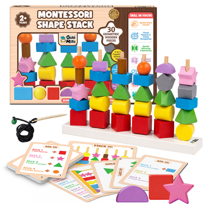 GiniMini Montessori Shape Stack – 6-in-1 STEM Wooden Learning Toy with 30 Geometric Blocks, Lacing Cord & 30 Activity Cards | Stacking, Counting, Pattern & Memory Games for Kids Age 2+ Years