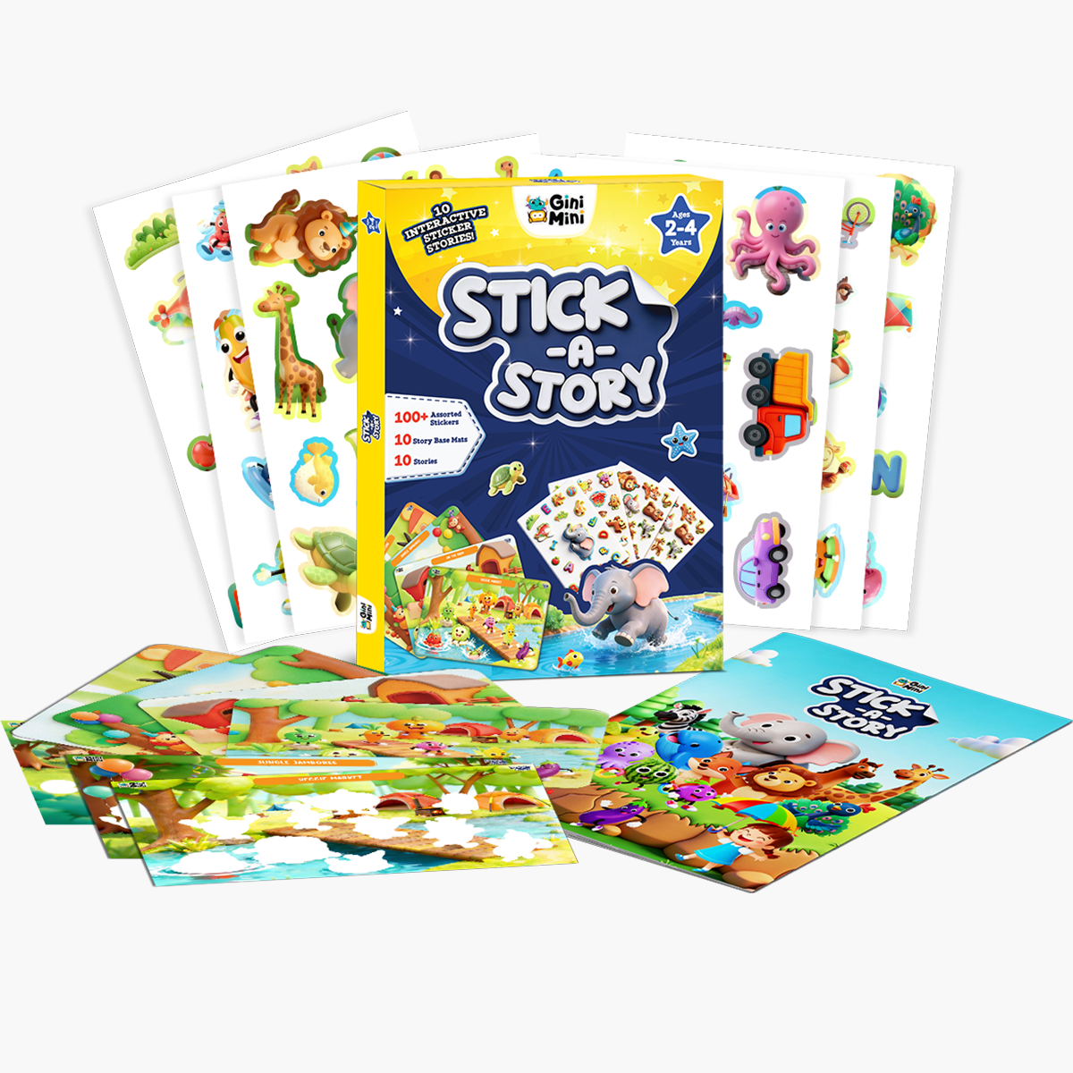 GiniMini Stick A Story- Sticker Storytelling Kit for Kids Age 2 3 4 | 100+ Easy-Peel Stickers, 10 Story Mats & Story Booklet | Creative Learning Activity kit