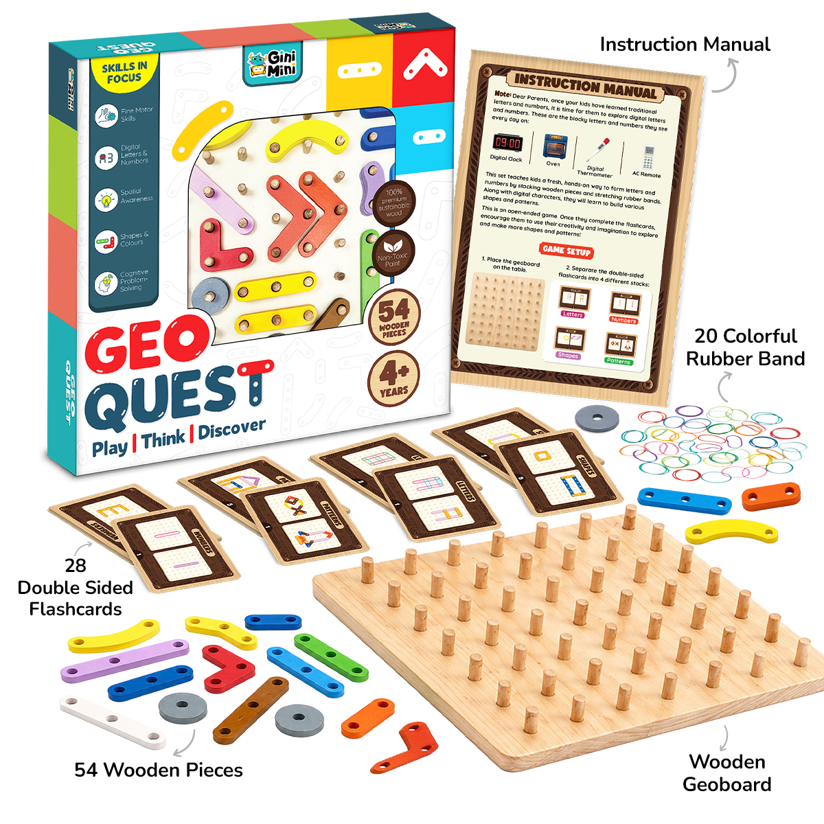 GiniMini Geo Quest: Wooden Geoboard & Montessori Puzzle for Kids | Numbers, Letters, Shapes & Patterns | Fine Motor Skills &