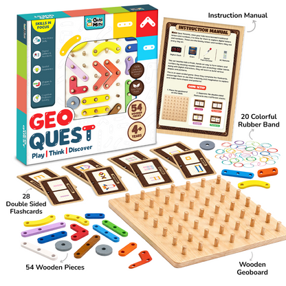 GiniMini Geo Quest: Wooden Geoboard & Montessori Puzzle for Kids | Numbers, Letters, Shapes & Patterns | Fine Motor Skills &