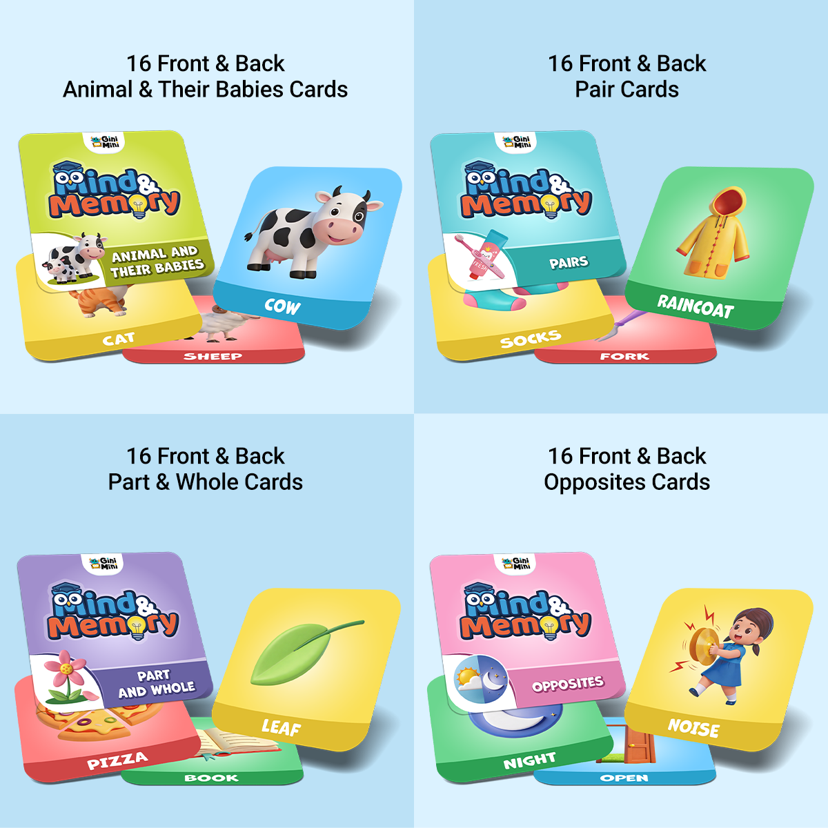 GiniMini Mind & Memory Card Game – Concept-Based Matching Game for Kids | 64 Cards (32 Pairs) | Improves Memory, Focus & Vocabulary | Age 3–6 Years