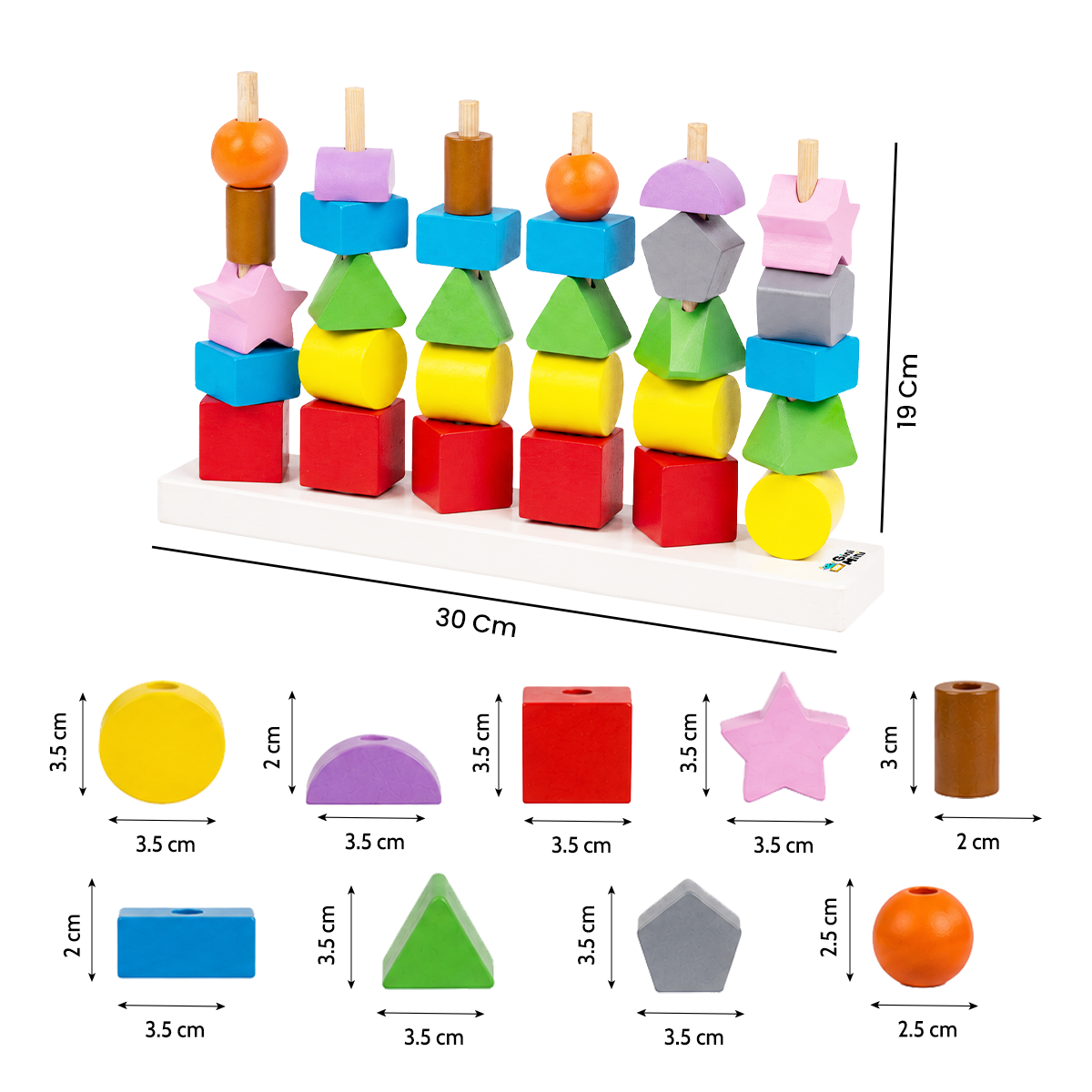 GiniMini Montessori Shape Stack – 6-in-1 STEM Wooden Learning Toy with 30 Geometric Blocks, Lacing Cord & 30 Activity Cards | Stacking, Counting, Pattern & Memory Games for Kids Age 2+ Years
