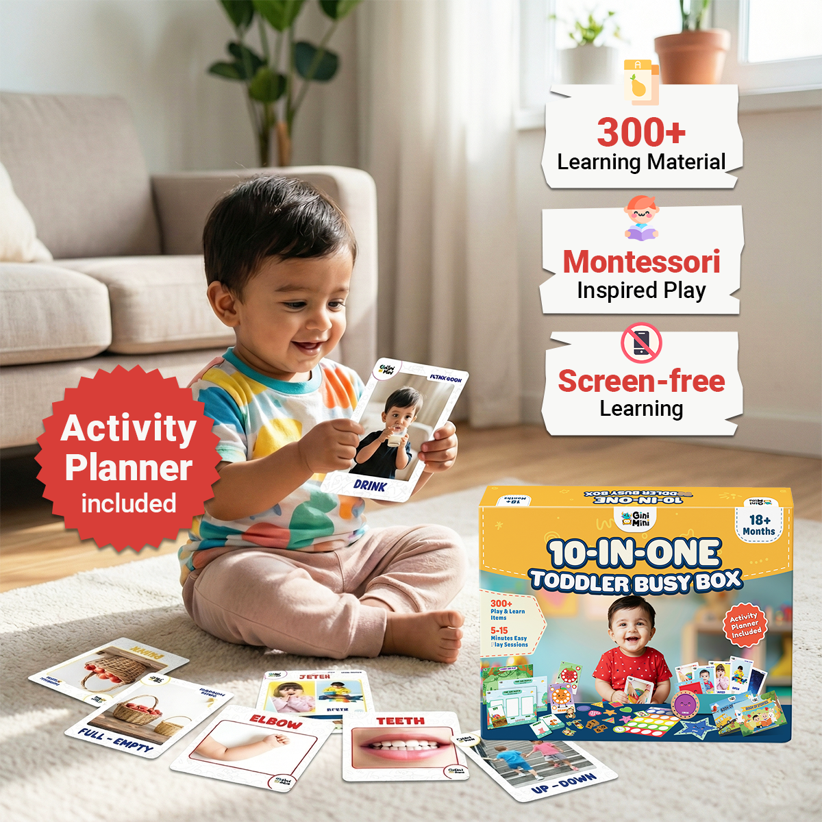 GiniMini 10-in-One Toddler Busy Box | Montessori Play & Learn Kit with 300+ Activities | Screen-Free Learning Box for Toddlers 18+ Months