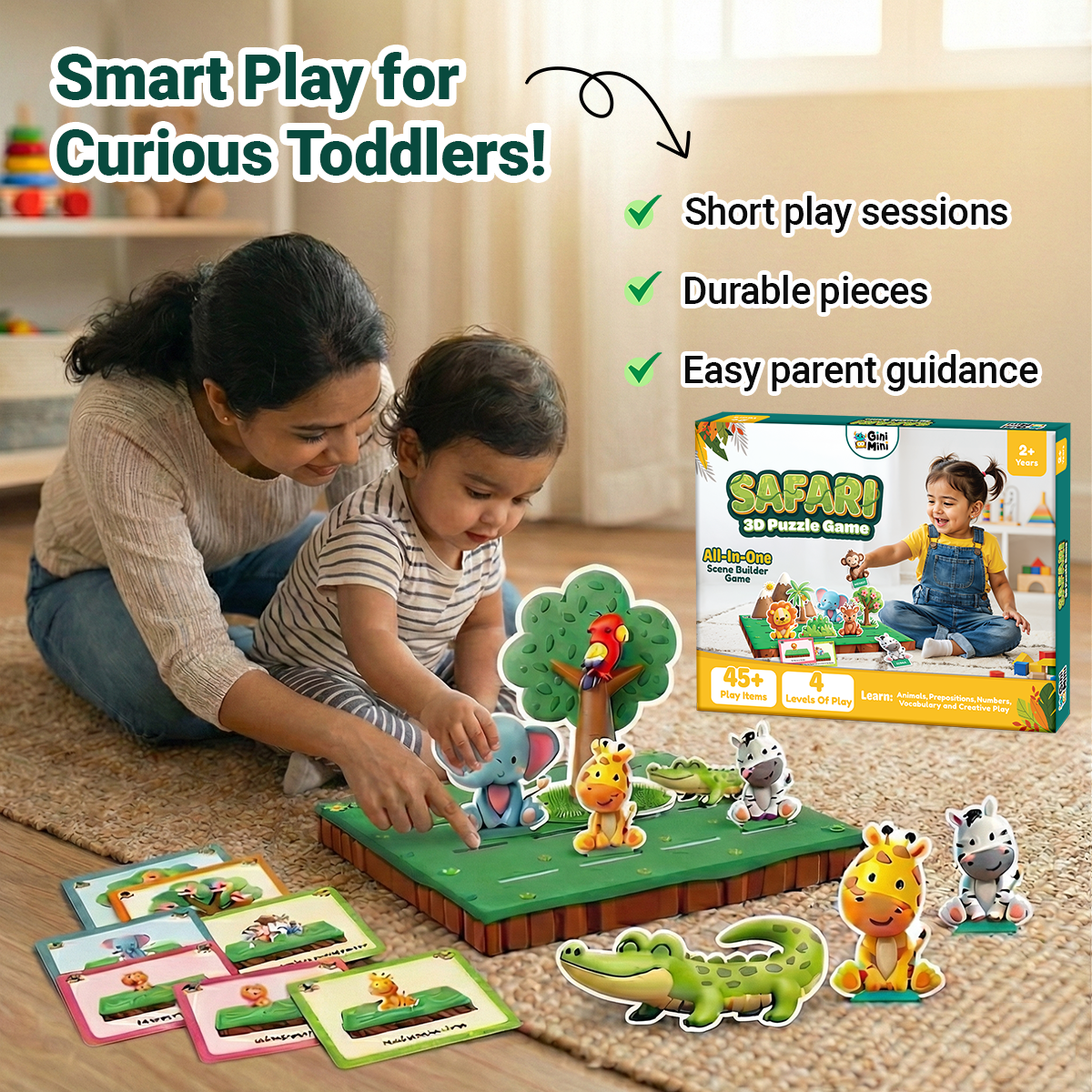 GiniMini Safari 3D Puzzle Game for Toddlers Montessori Educational Toy for Toddlers (Ages 2+)|