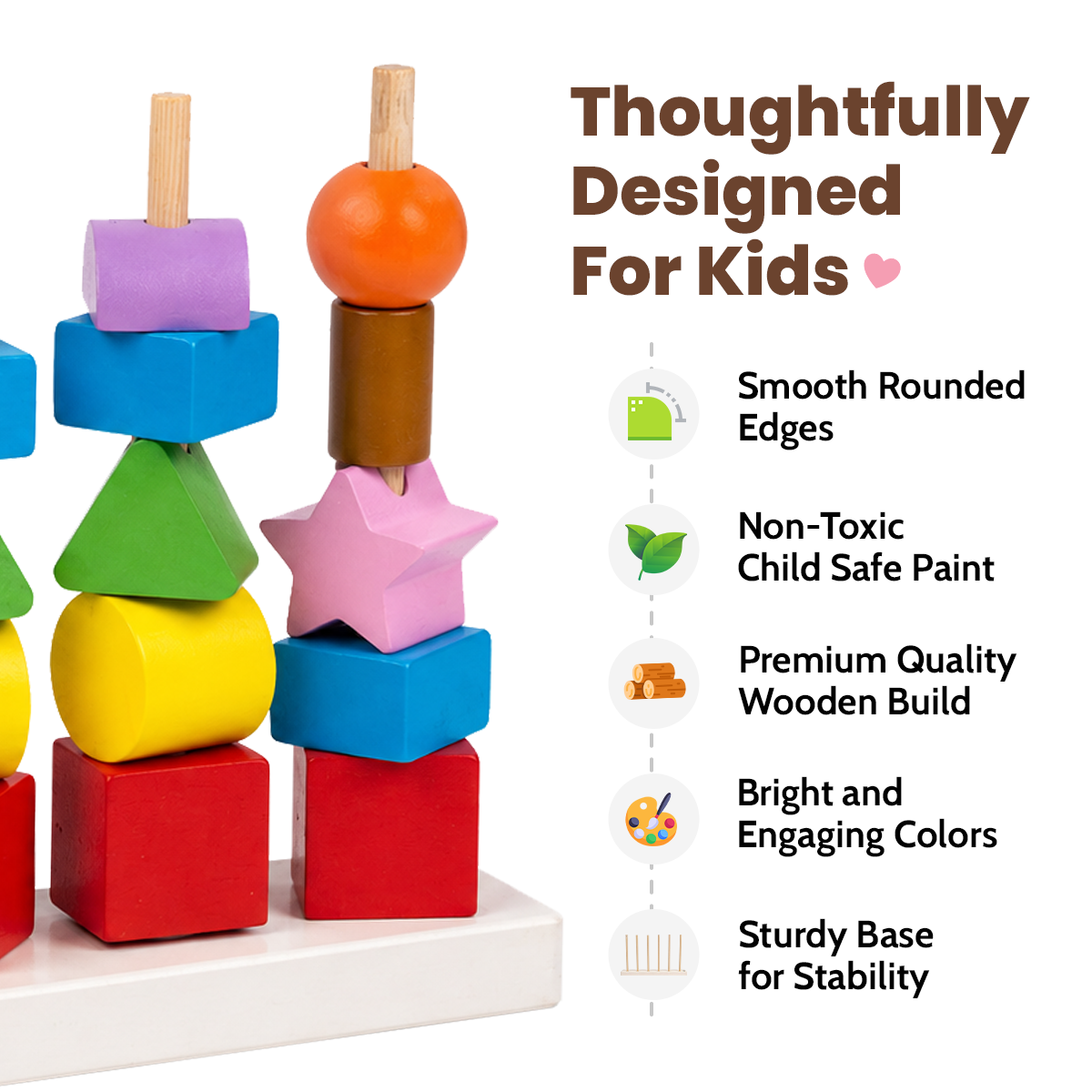GiniMini Montessori Shape Stack – 6-in-1 STEM Wooden Learning Toy with 30 Geometric Blocks, Lacing Cord & 30 Activity Cards | Stacking, Counting, Pattern & Memory Games for Kids Age 2+ Years
