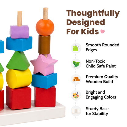 GiniMini Montessori Shape Stack – 6-in-1 STEM Wooden Learning Toy with 30 Geometric Blocks, Lacing Cord & 30 Activity Cards | Stacking, Counting, Pattern & Memory Games for Kids Age 2+ Years