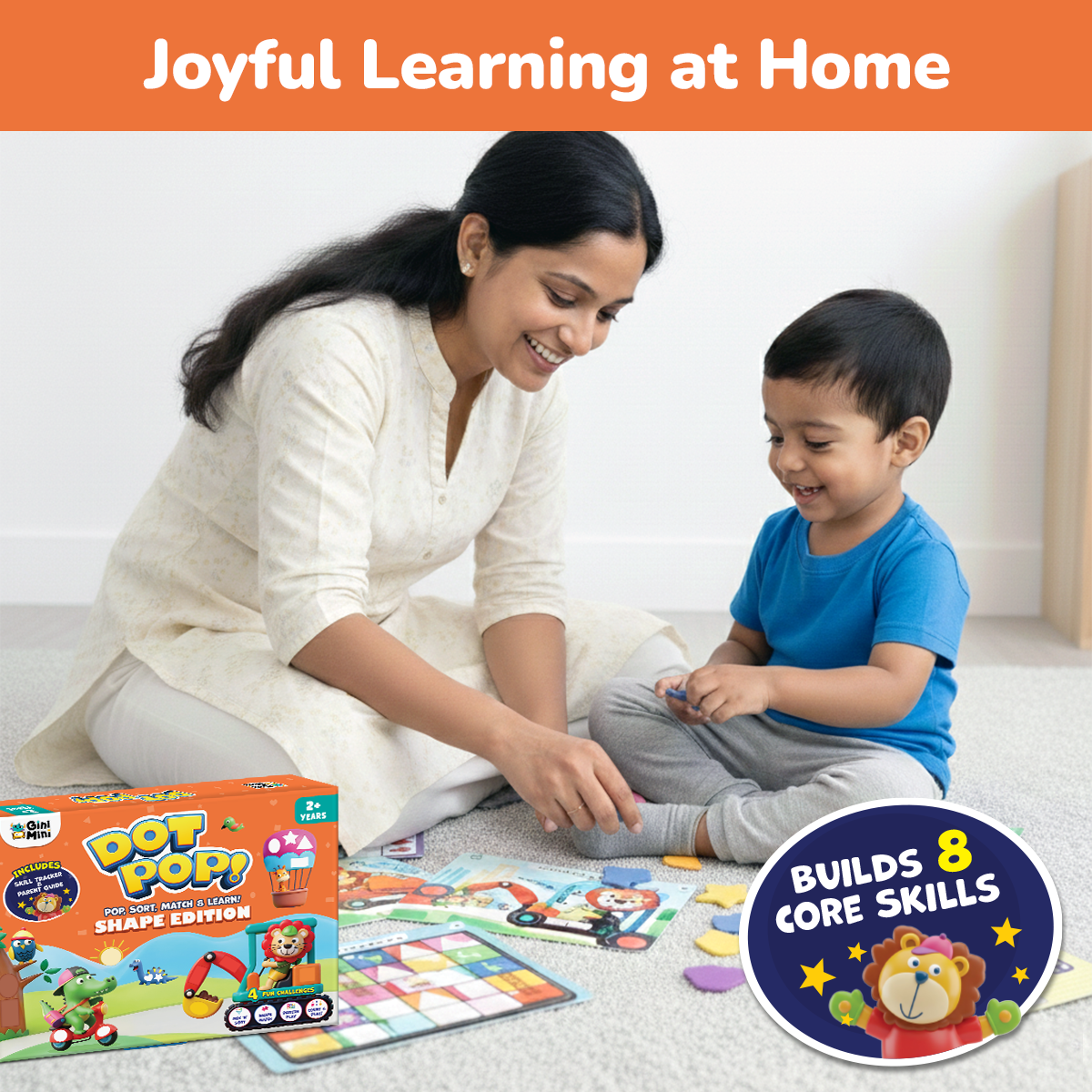 GiniMini – DOT POP! Shapes Activity Kit for Kids Aged 2 to 5 Years | Fun Shape Sorting, Matching & Pattern Games | Mess-Free, Reusable, Screen-Free Play | Early Learning & Motor Skills Development