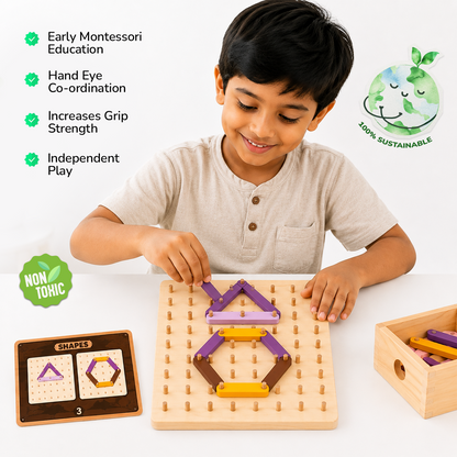 GiniMini Geo Quest: Wooden Geoboard & Montessori Puzzle for Kids | Numbers, Letters, Shapes & Patterns | Fine Motor Skills &