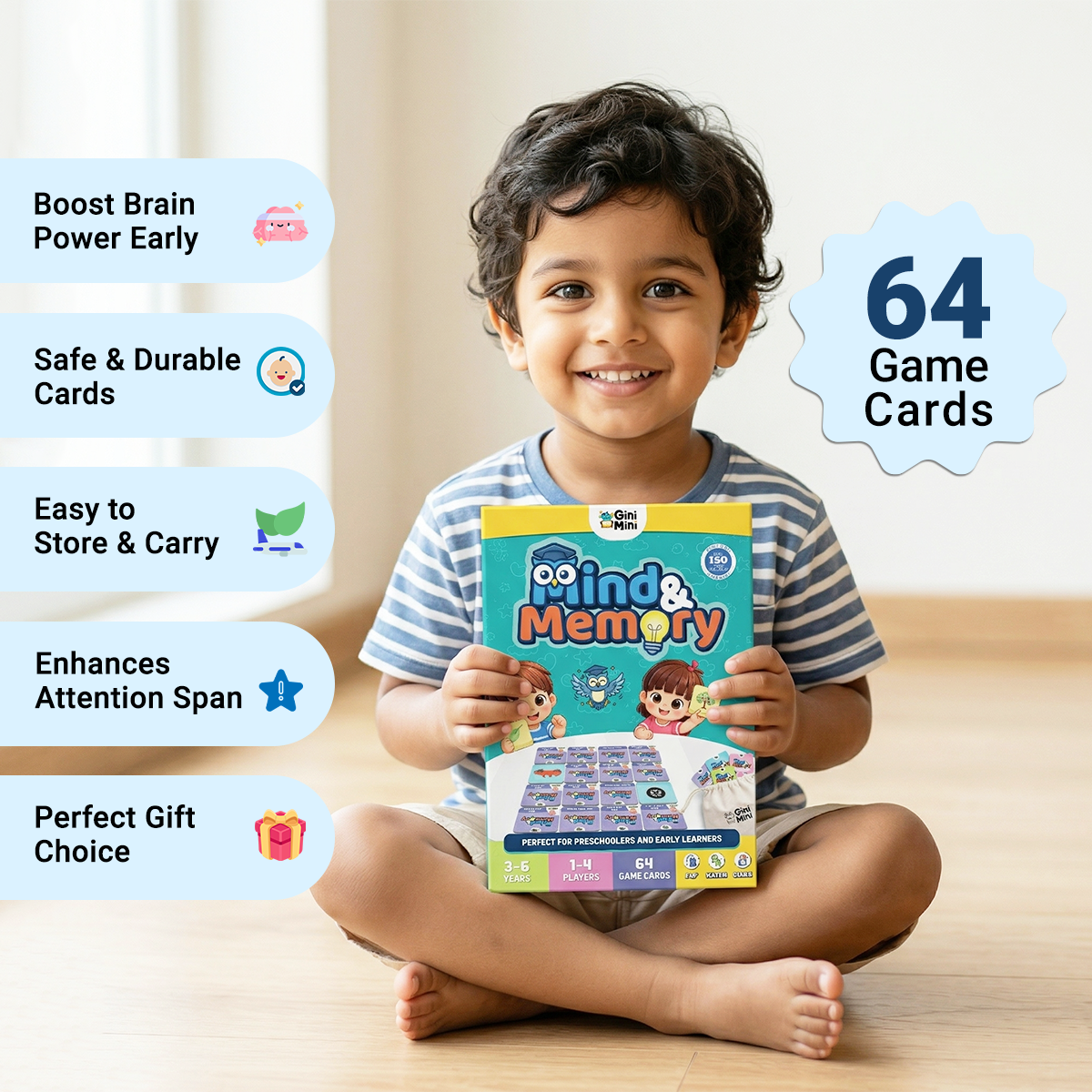 GiniMini Mind & Memory Card Game – Concept-Based Matching Game for Kids | 64 Cards (32 Pairs) | Improves Memory, Focus & Vocabulary | Age 3–6 Years