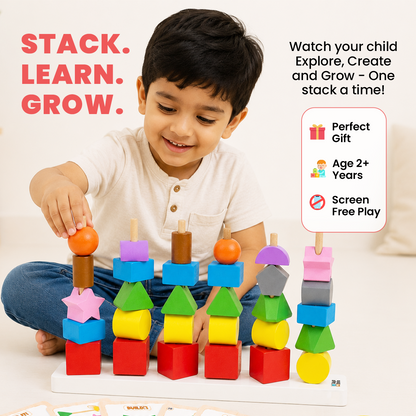 GiniMini Montessori Shape Stack – 6-in-1 STEM Wooden Learning Toy with 30 Geometric Blocks, Lacing Cord & 30 Activity Cards | Stacking, Counting, Pattern & Memory Games for Kids Age 2+ Years