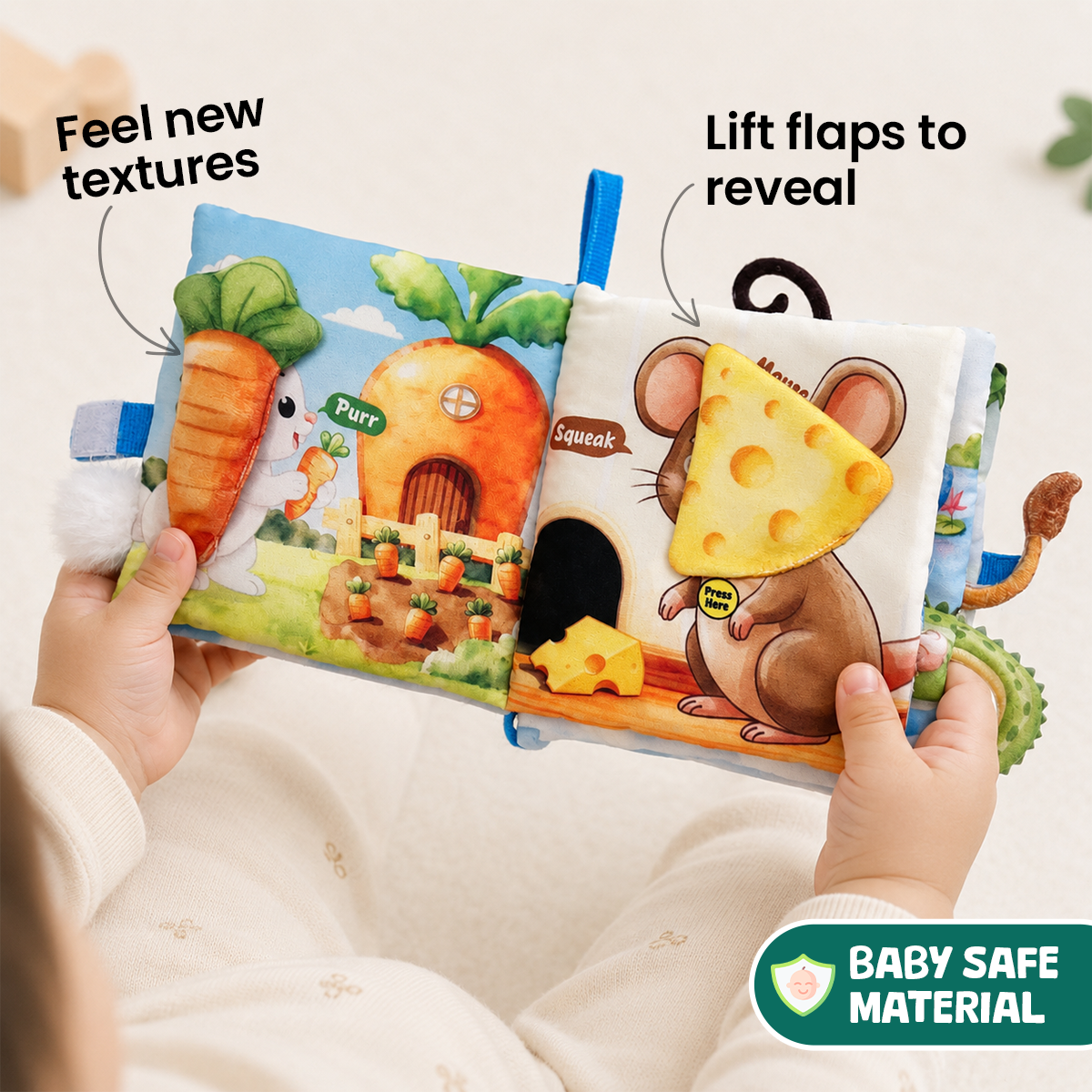 GiniMini Peek & Tell – Whose Tail? | Sensory Cloth Book for Babies | Interactive Lift-the-Flap Book with Textured Tails | Screen-Free Learning Toy | Age 6+ Months