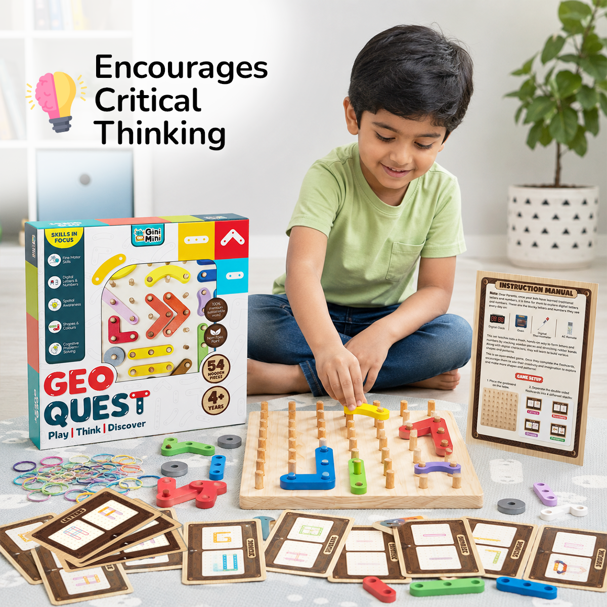 GiniMini Geo Quest: Wooden Geoboard & Montessori Puzzle for Kids | Numbers, Letters, Shapes & Patterns | Fine Motor Skills &