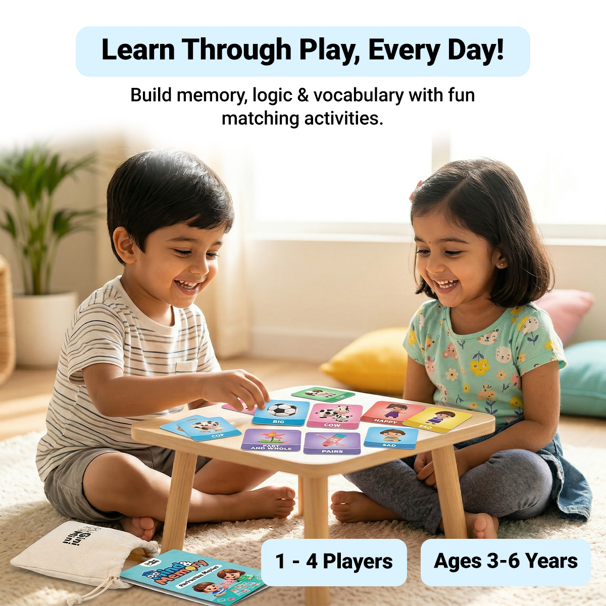 GiniMini Mind & Memory Card Game – Concept-Based Matching Game for Kids | 64 Cards (32 Pairs) | Improves Memory, Focus & Vocabulary | Age 3–6 Years