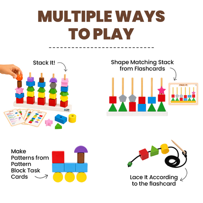 GiniMini Montessori Shape Stack – 6-in-1 STEM Wooden Learning Toy with 30 Geometric Blocks, Lacing Cord & 30 Activity Cards | Stacking, Counting, Pattern & Memory Games for Kids Age 2+ Years