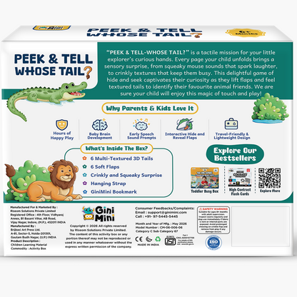 GiniMini Peek & Tell – Whose Tail? | Sensory Cloth Book for Babies | Interactive Lift-the-Flap Book with Textured Tails | Screen-Free Learning Toy | Age 6+ Months