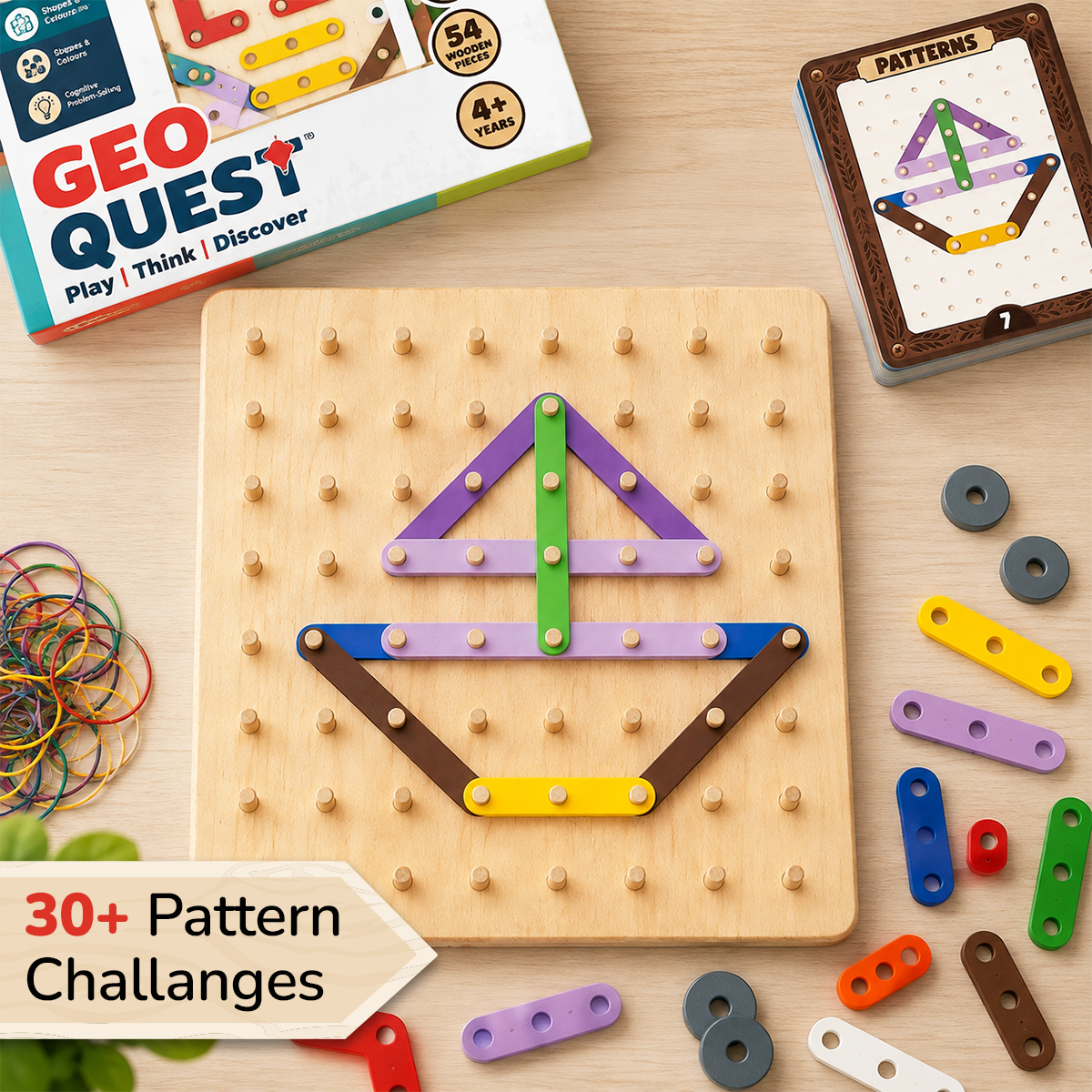 GiniMini Geo Quest: Wooden Geoboard & Montessori Puzzle for Kids | Numbers, Letters, Shapes & Patterns | Fine Motor Skills &