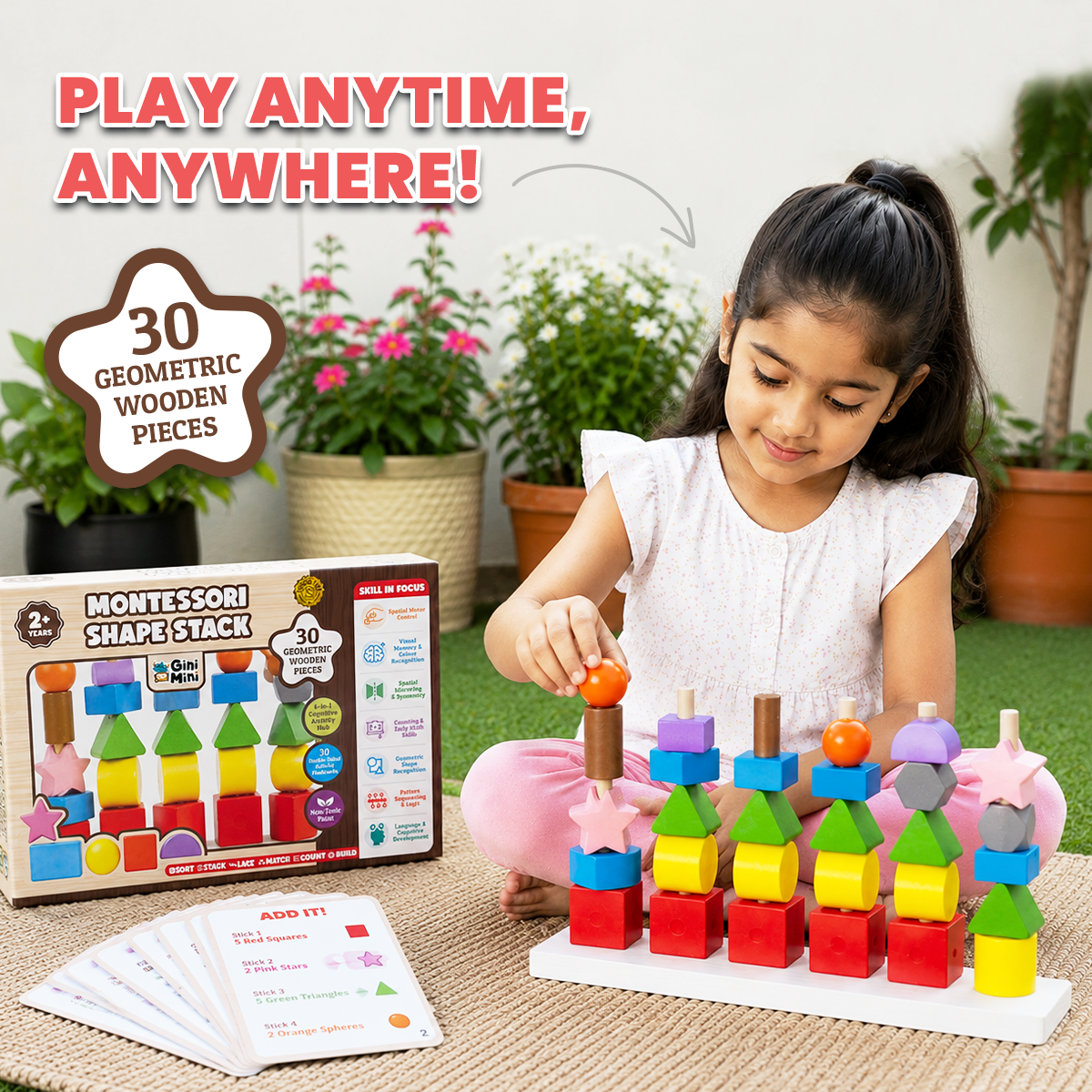 GiniMini Montessori Shape Stack – 6-in-1 STEM Wooden Learning Toy with 30 Geometric Blocks, Lacing Cord & 30 Activity Cards | Stacking, Counting, Pattern & Memory Games for Kids Age 2+ Years