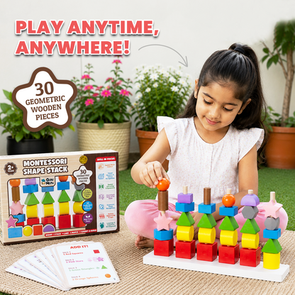 GiniMini Montessori Shape Stack – 6-in-1 STEM Wooden Learning Toy with 30 Geometric Blocks, Lacing Cord & 30 Activity Cards | Stacking, Counting, Pattern & Memory Games for Kids Age 2+ Years