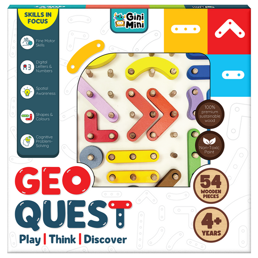 GiniMini Geo Quest: Wooden Geoboard & Montessori Puzzle for Kids | Numbers, Letters, Shapes & Patterns | Fine Motor Skills &