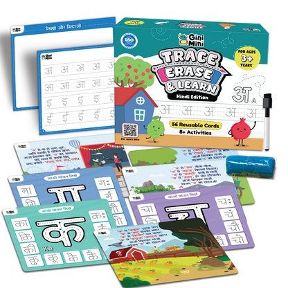GiniMini Trace, Erase & Learn – Hindi Edition | 56 Rewritable for Ages 3+ | Learn Swars & Vyanjans | Pre-Writing Hindi Activity Kit with Marker, Play-Doh & Rhymes