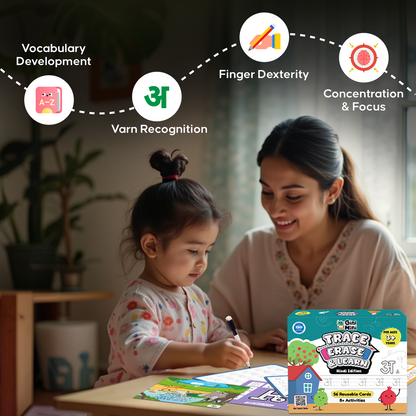 GiniMini Trace, Erase & Learn – Hindi Edition | 56 Rewritable for Ages 3+ | Learn Swars & Vyanjans | Pre-Writing Hindi Activity Kit with Marker, Play-Doh & Rhymes