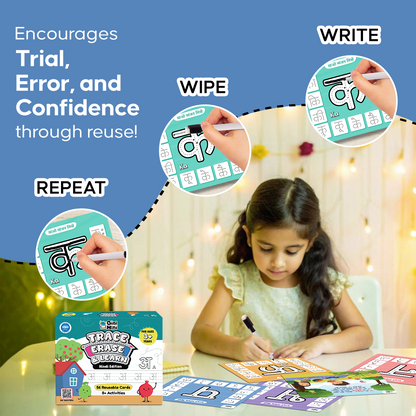 GiniMini Trace, Erase & Learn – Hindi Edition | 56 Rewritable for Ages 3+ | Learn Swars & Vyanjans | Pre-Writing Hindi Activity Kit with Marker, Play-Doh & Rhymes