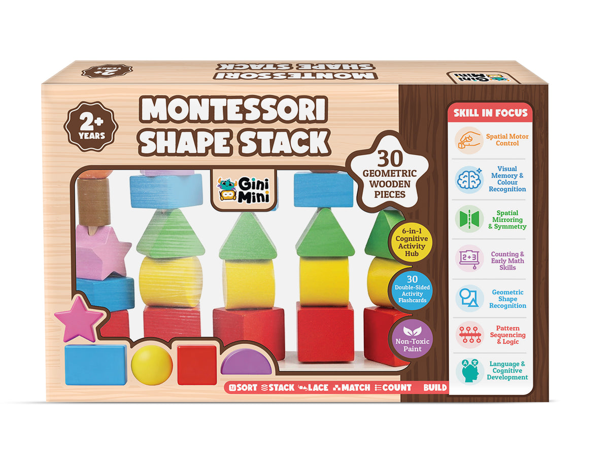GiniMini Montessori Shape Stack – 6-in-1 STEM Wooden Learning Toy with 30 Geometric Blocks, Lacing Cord & 30 Activity Cards | Stacking, Counting, Pattern & Memory Games for Kids Age 2+ Years