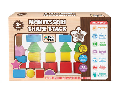 GiniMini Montessori Shape Stack – 6-in-1 STEM Wooden Learning Toy with 30 Geometric Blocks, Lacing Cord & 30 Activity Cards | Stacking, Counting, Pattern & Memory Games for Kids Age 2+ Years